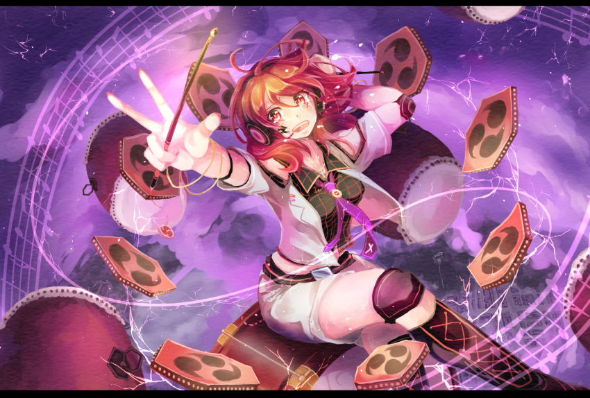 1girl beamed_quavers boots bracelet clouds collared_shirt crying crying_with_eyes_open drum drumsticks electricity headphones highres holding horikawa_raiko instrument jacket jewelry knee_boots legs_crossed lightning_bolt long_sleeves looking_at_viewer midriff miniskirt musical_note necktie open_mouth plaid plaid_shirt purple_necktie quaver red_eyes redhead shirt shometsu-kei_no_teruru short_hair shorts sitting sitting_on_object skirt solo staff_(music) taiko_drum tattoo tears teeth touhou white_jacket white_shorts
