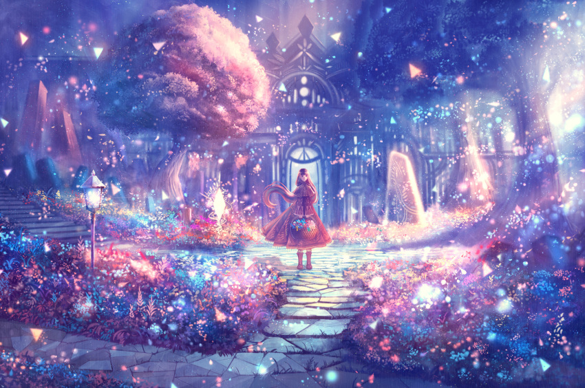 1girl basket black_hair building capelet colorful dress fantasy flower flower_basket garden highres holding lamppost light light_particles long_hair original path road sakimori_(hououbds) scenery solo stairs stone tree wind