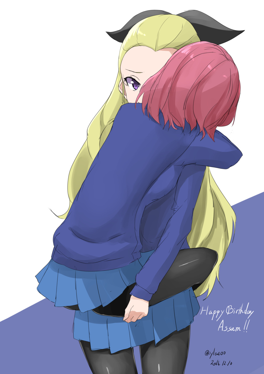 2016 2girls absurdres assam blonde_hair blue_background carrying dated english female girls_und_panzer happy_birthday highres hug irukatto long_hair looking_at_another multiple_girls pantyhose pink_hair rosehip short_hair sketch skirt standing sweater twitter_username two-tone_background violet_eyes white_background yuri