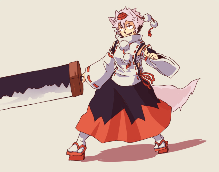 1girl animal_ears detached_sleeves fingerless_gloves full_body geta gloves grey_hair grin hat holding holding_sword holding_weapon huge_weapon inubashiri_momiji looking_afar pom_pom_(clothes) ratenbo red_eyes sarashi short_hair simple_background smile smirk solo standing sword tail tengu-geta tokin_hat touhou weapon wide_sleeves wolf_ears wolf_tail