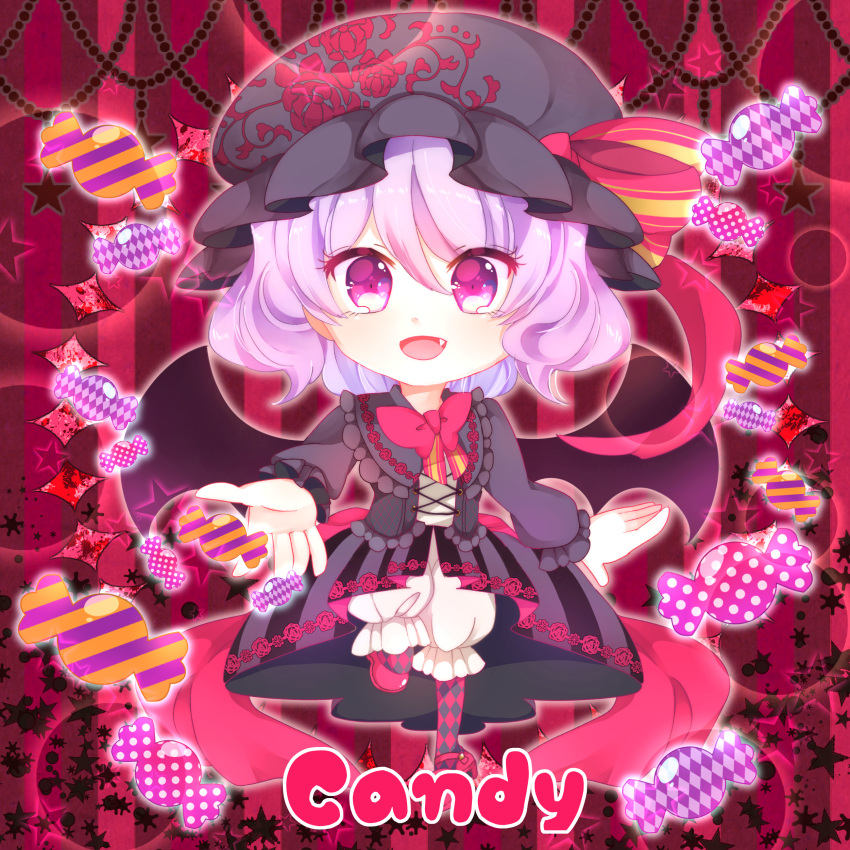 1girl :d absurdres alternate_color bat_wings bloomers bow candy chibi english fang floral_print food frilled_sleeves frills full_body halloween hat hat_ribbon highres lavender_hair long_sleeves looking_at_viewer mary_janes mob_cap open_mouth patterned_legwear purple_hat purple_skirt purple_vest red_bow red_eyes red_ribbon red_shoes remilia_scarlet ribbon shoes short_hair skirt smile solo star striped striped_skirt touhou underwear vest wings yata