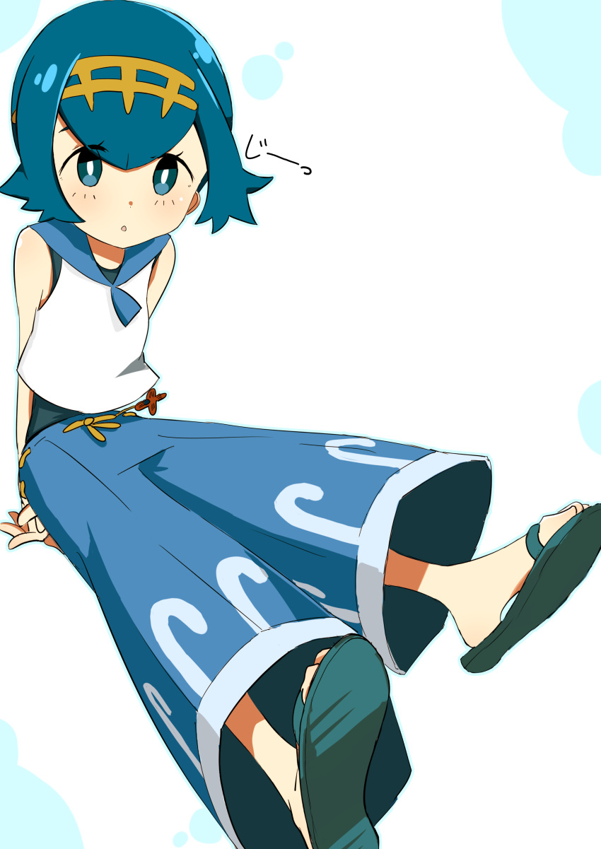 1girl :o absurdres baggy_pants bare_arms bare_shoulders blue_eyes blue_hair blue_pants blue_swimsuit capri_pants crop_top flipped_hair hairband highres looking_at_viewer matching_hair/eyes noeru_(pixiv6731088) one-piece_swimsuit open_mouth pants pokemon pokemon_(game) pokemon_sm sailor_collar sandals short_hair simple_background sitting solo suiren_(pokemon) swimsuit trial_captain white_background