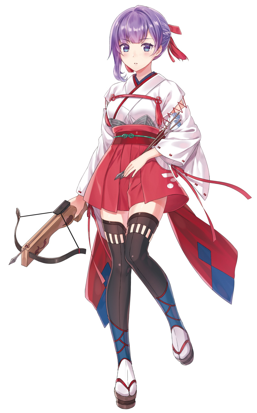 1girl absurdres arrow artist_request blue_eyes blush bow_(weapon) braid crossbow french_braid full_body hair_ribbon hakama_skirt highres holding_bow_(weapon) japanese_clothes long_sleeves miko miyao_jou parted_lips personification purple_hair ribbon shirohime_quest simple_background skirt solo tabi thigh-highs weapon white_background wide_sleeves