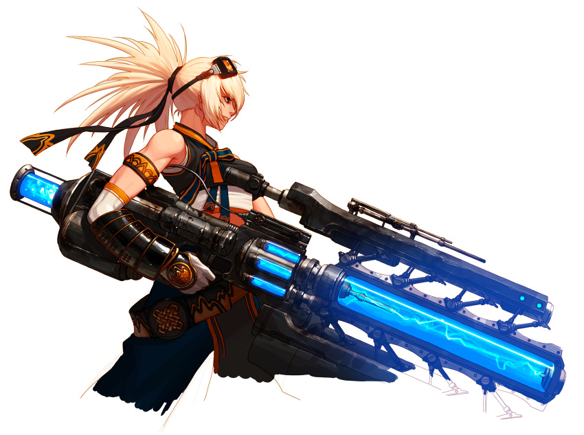 1girl absurdres armband bare_shoulders belt black_ribbon blonde_hair blue_eyes breasts dress dungeon_and_fighter elbow_gloves energy_gun energy_weapon female_gunner_(dungeon_and_fighter) from_side gauntlets gloves goggles goggles_on_head gun hair_ornament hair_ribbon highres holding holding_gun holding_weapon jung_wook_choi launcher_(dungeon_and_fighter) long_hair looking_away nose pink_lips ribbon rifle scope sideways_mouth simple_background smile sniper_rifle solo standing teeth upper_body weapon white_background white_gloves