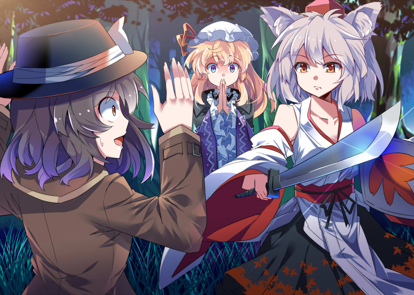 &gt;:( 3girls alternate_costume bare_shoulders black_hair black_skirt blonde_hair blue_eyes brown_eyes brown_jacket closed_mouth collarbone cowboy_shot detached_sleeves e.o. fedora forest glint hands_up hat holding holding_sword holding_weapon inubashiri_momiji katana long_sleeves looking_at_another maribel_hearn mob_cap multiple_girls nature obi open_mouth outdoors sash shield silver_hair skirt surprised sweat sword tokin_hat touhou usami_renko weapon wide_sleeves