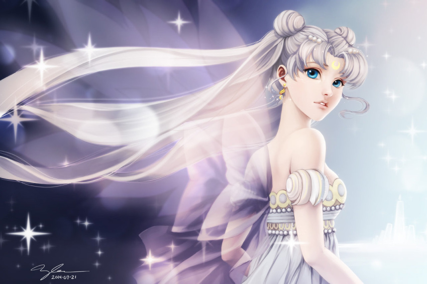 1girl 2014 bangs bare_shoulders bishoujo_senshi_sailor_moon blue_eyes dated detached_sleeves double_bun dress earrings facial_mark floating_hair forehead_mark from_side hair_ornament hairclip jewelry lavender long_hair looking_back nancy_teeple parted_bangs parted_lips pearl princess_serenity ribbon see-through short_sleeves signature silver_hair solo sparkle tsukino_usagi twintails white_dress
