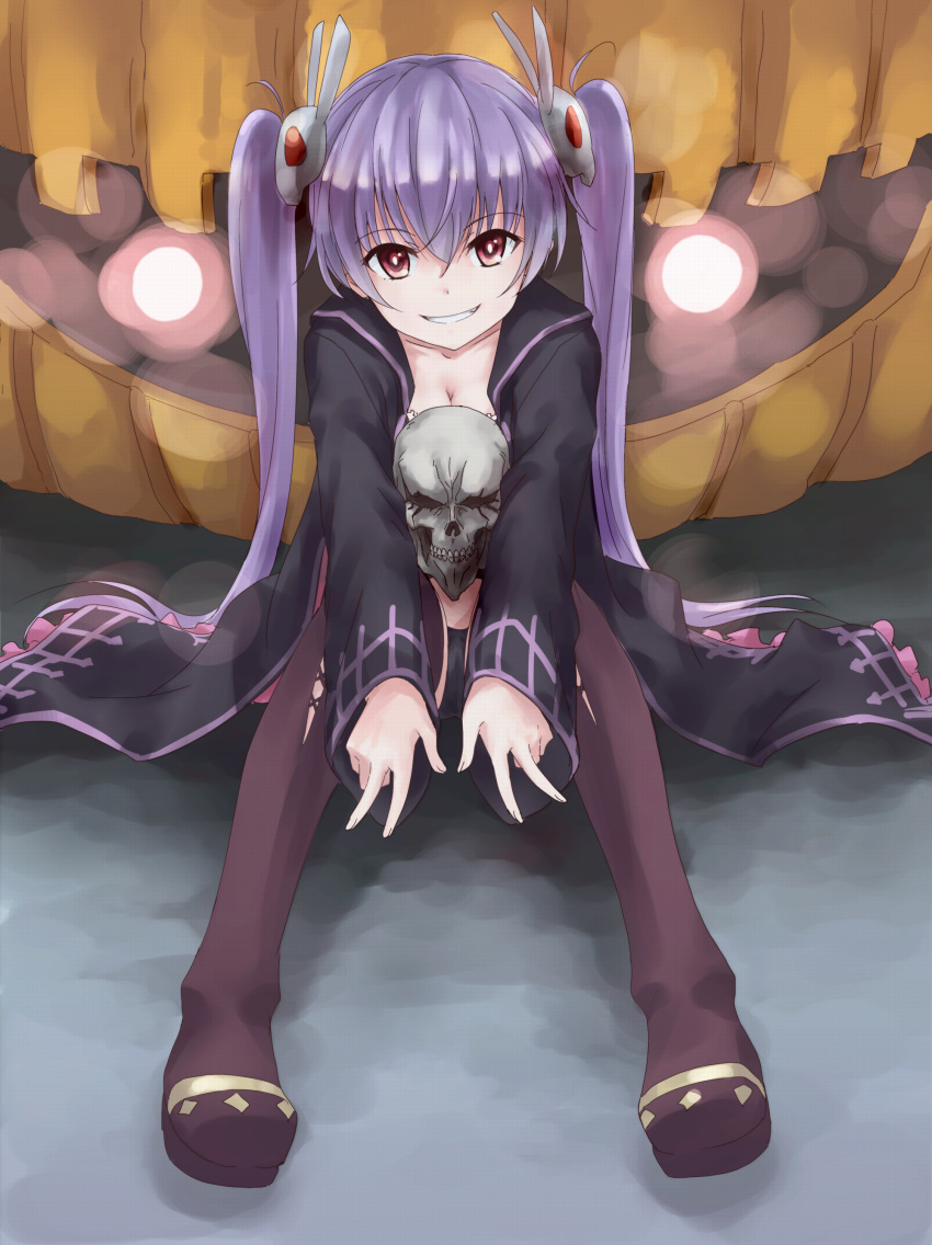 1girl absurdres black_legwear breasts bunny_hair_ornament cleavage double_v full_body grin hair_ornament highres jack-o'-lantern long_hair looking_at_viewer memento_(sennen_sensou_aigis) on_floor outstretched_arms pi_(pnipippi) pumpkin purple_hair red_eyes sennen_sensou_aigis sitting skull smile solo twintails v very_long_hair