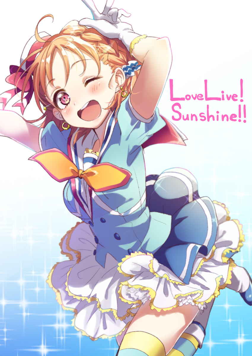 1girl ;d ahoge aozora_jumping_heart bangs blush bow braid chiigo earrings hair_ornament hat highres jewelry looking_at_viewer love_live! love_live!_school_idol_project love_live!_sunshine!! mini_hat one_eye_closed open_mouth orange_hair red_eyes redhead short_hair simple_background skirt smile solo striped striped_legwear takami_chika thigh-highs v white_background