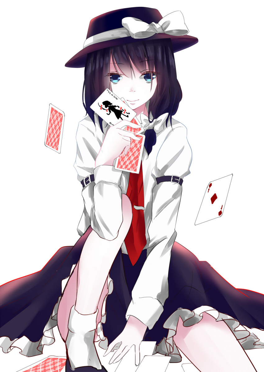 1girl belt black_hair blue_eyes bow card commentary_request eyebrows_visible_through_hair falling_card fedora hair_bow hat hat_bow highres holding holding_card kelu. long_sleeves looking_at_viewer low_twintails lying_card necktie red_necktie simple_background sitting smile solo touhou twintails usami_renko white_background