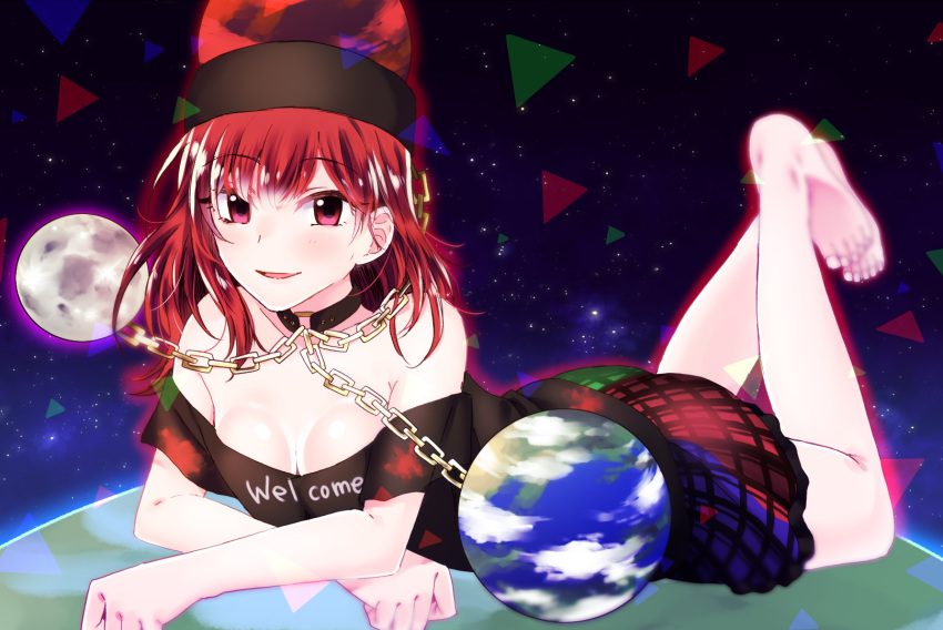 1girl bare_legs bare_shoulders barefoot breasts collarbone colored_eyelashes earth earth_(ornament) error hecatia_lapislazuli highres miniskirt moon_(ornament) multicolored_skirt nmbit off_shoulder polos_crown red_eyes redhead skirt small_breasts smile solo space the_pose touhou