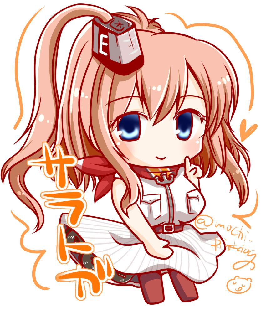 1girl blue_eyes blush_stickers breast_pocket breasts brown_hair chibi commentary_request dress eyebrows_visible_through_hair hair_between_eyes highres kantai_collection large_breasts long_hair looking_at_viewer mochimako ponytail red_neckerchief saratoga_(kantai_collection) side_ponytail smile solo twitter_username white_dress