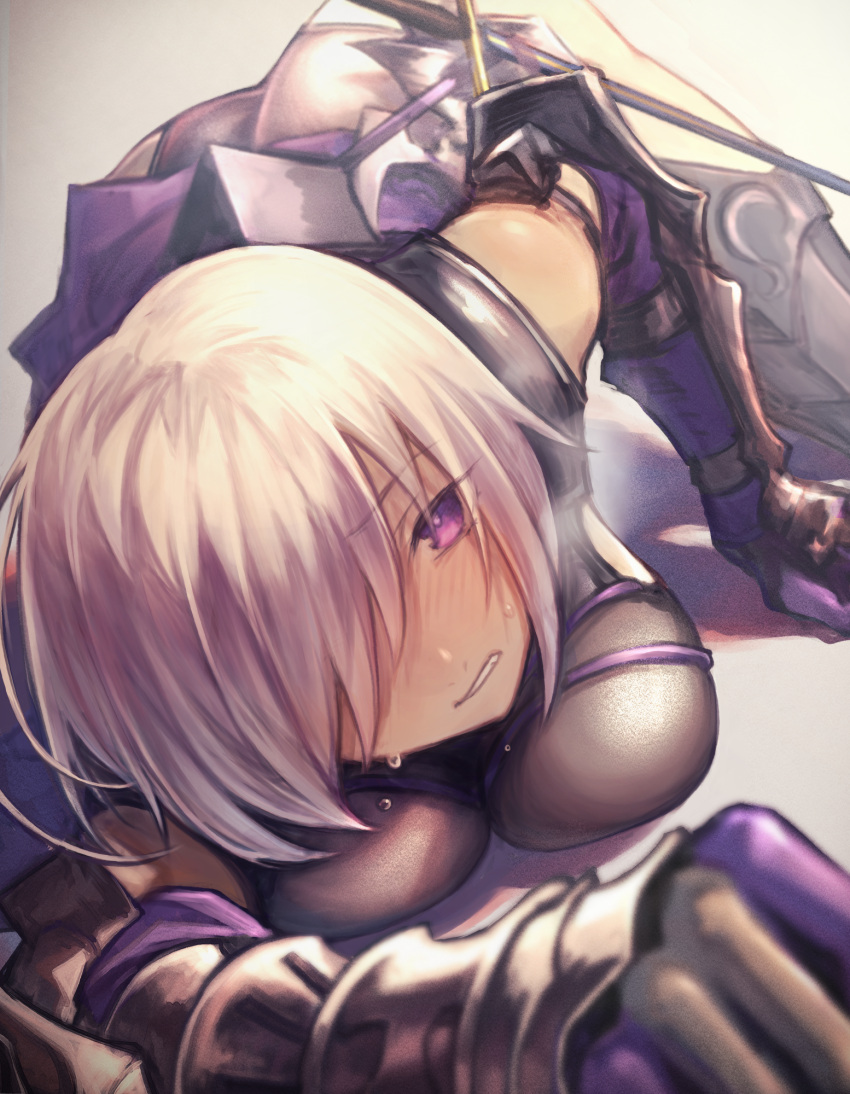 1girl all_fours arm_support armor armored_boots ass beige_background black_boots blurry blush boots breast_press breasts clenched_teeth depth_of_field dripping dutch_angle eyebrows_visible_through_hair fate/grand_order fate_(series) gauntlets gloves hair_over_one_eye heavy_breathing highres leotard looking_at_viewer medium_breasts mephist-pheles one_eye_covered outstretched_arm purple_gloves shadow shielder_(fate/grand_order) short_hair silver_hair solo sweat sword teeth thigh-highs thigh_boots violet_eyes weapon white_hair