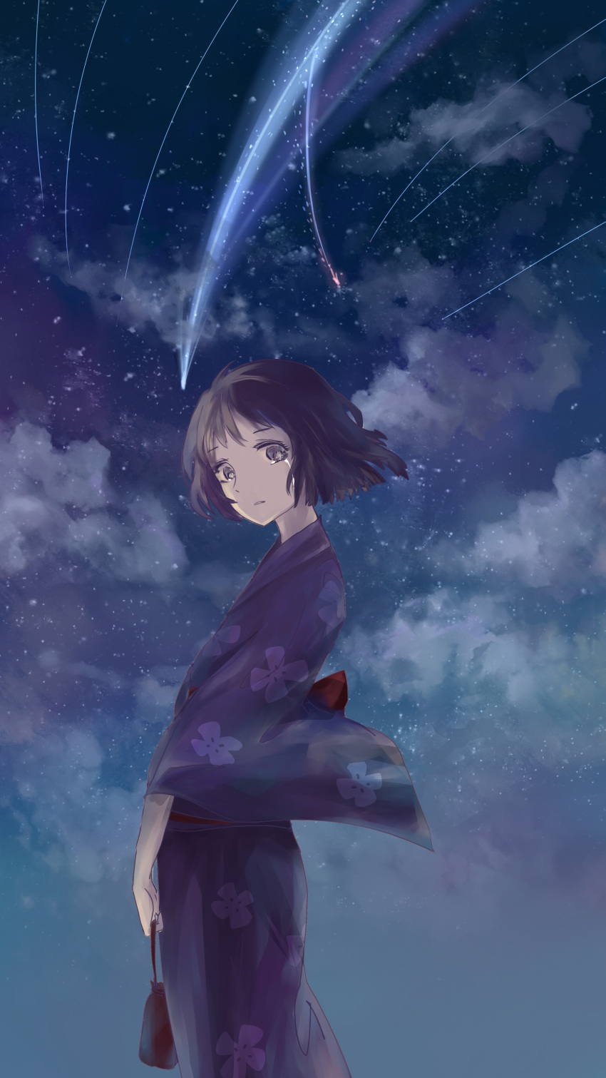 1girl absurdres black_hair brown_eyes crying crying_with_eyes_open eveabyss from_side highres holding japanese_clothes kimi_no_na_wa kimono looking_at_viewer miyamizu_mitsuha sash short_hair sky solo star_(sky) starry_sky tears yukata