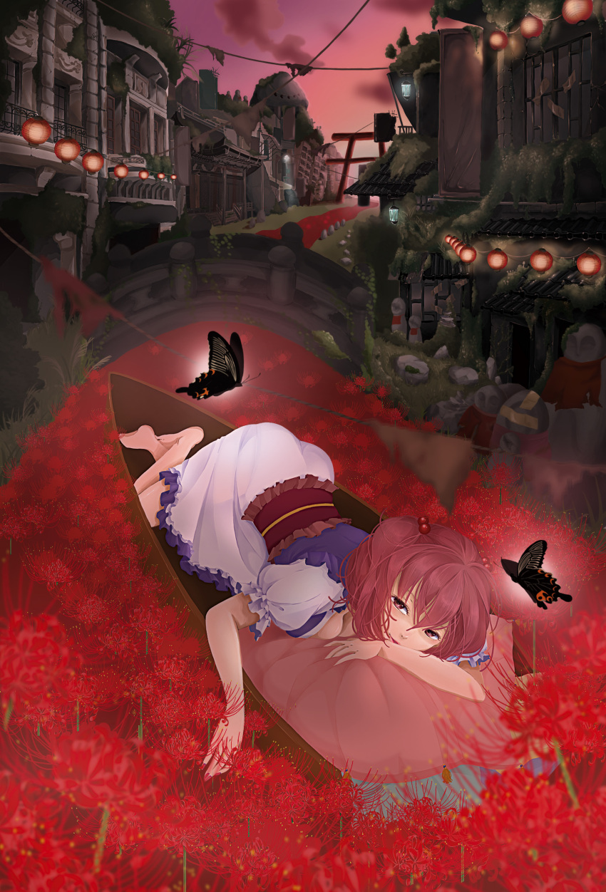 1girl absurdres barefoot blue_vest boat breasts bridge butterfly cleavage clouds cushion evening female flower frilled_sleeves frills hair_between_eyes hair_bobbles hair_ornament highres japanese_clothes jizou lamp lampion lantern looking_at_viewer lying miniskirt nature obi okumura_neri onozuka_komachi outdoors overgrown plant puffy_short_sleeves puffy_sleeves red_eyes red_flower redhead sash short_sleeves skirt sky smile solo spider_lily statue stone torii touhou twintails two_side_up vest watercraft white_skirt