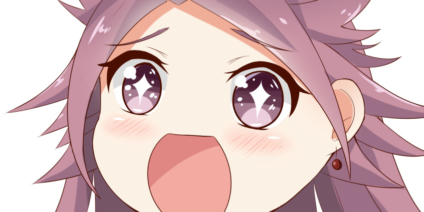 +_+ 1girl close-up face jun'you_(kantai_collection) kantai_collection long_hair looking_at_viewer no_nose open_mouth purple_hair simple_background sin-poi solo sparkling_eyes spiky_hair symbol-shaped_pupils violet_eyes white_background