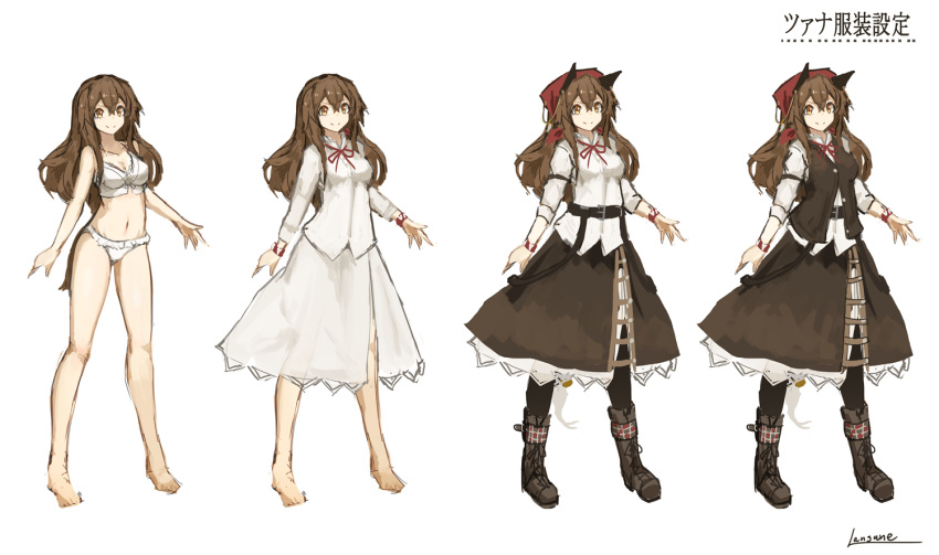 1girl animal_ears artist_name barefoot boots bow bra breasts brown_hair cat_ears character_sheet cleavage female full_body hairband kerchief lansane large_breasts long_hair long_sleeves looking_at_viewer navel open_mouth original outstretched_arms panties shirt sidelocks simple_background skirt smile solo spread_arms standing tachi-e underwear underwear_only vest white_background white_panties wristband yellow_eyes