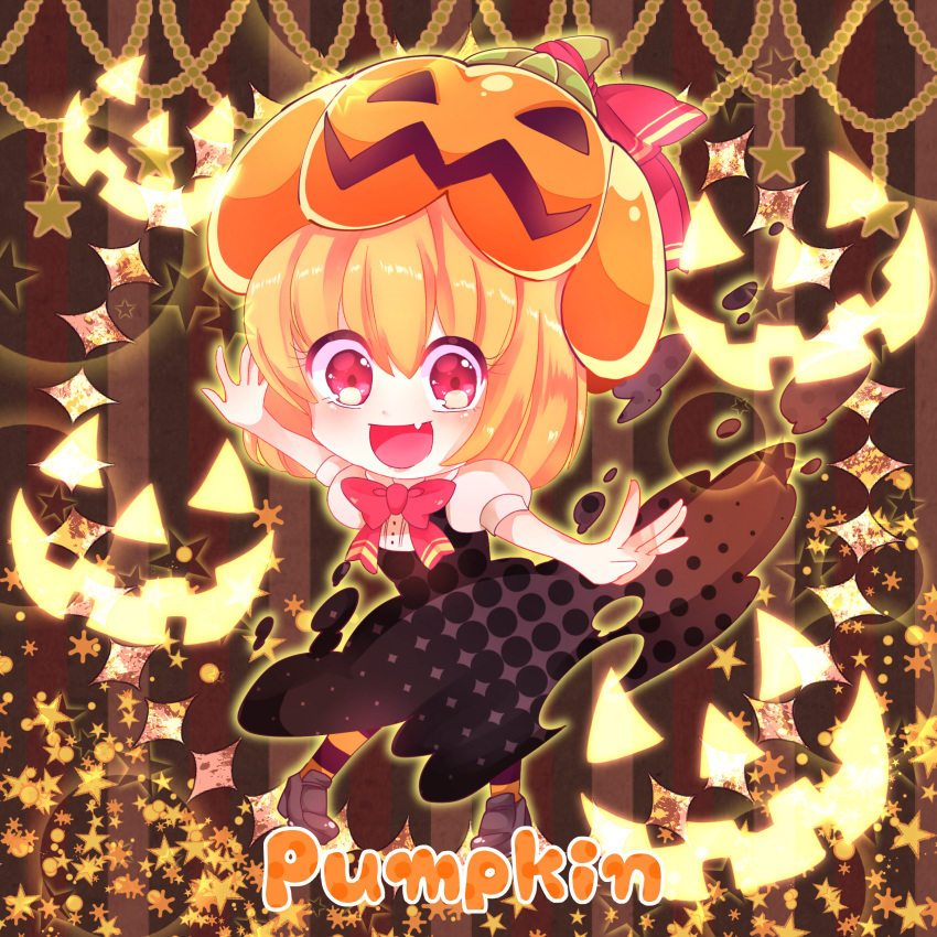 1girl :d absurdres black_dress blonde_hair bow chibi dress english fang full_body halloween highres jack-o'-lantern loafers looking_at_viewer open_mouth orange_legwear outstretched_arms puffy_short_sleeves puffy_sleeves pumpkin_hat red_bow red_eyes rumia shirt shoes short_hair short_sleeves smile solo spread_arms star starry_background striped striped_background striped_legwear touhou white_shirt yata