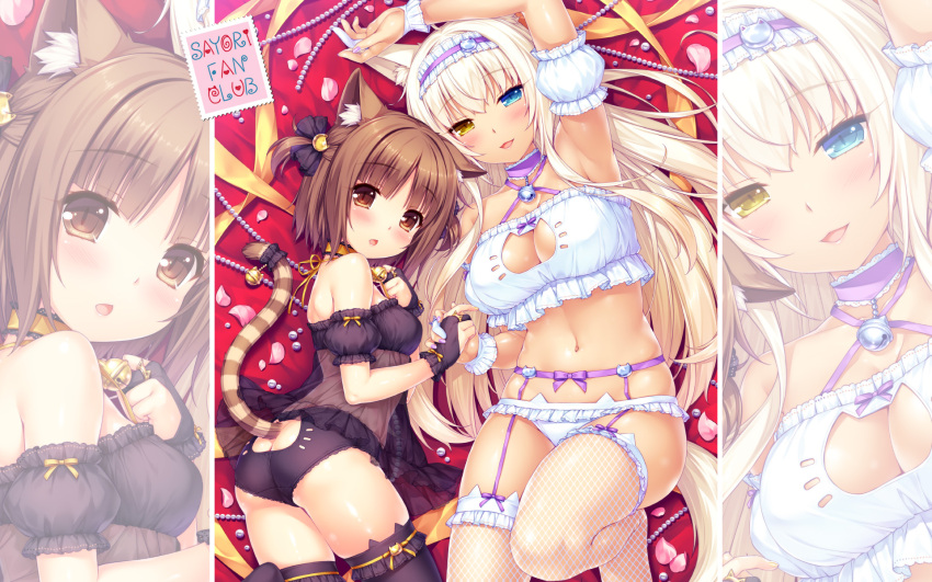 2girls :3 :d adapted_costume animal_ears arm_up armpits artist_name ass ass_cutout azuki_(sayori) bare_shoulders bell bell_choker black_gloves black_legwear black_panties blonde_hair blue_eyes blush bow bra breasts bridal_gauntlets brown_eyes brown_hair butt_crack cat_band_legwear cat_cutout cat_ear_legwear cat_ear_panties cat_ears cat_hair_ornament cat_keyhole_bra cat_lingerie cat_tail chestnut_mouth choker cleavage cleavage_cutout coconut_(sayori) criss-cross_halter dark_skin detached_sleeves dog_ears dog_tail eyebrows_visible_through_hair fingerless_gloves fishnet_legwear fishnets frilled_bra frilled_panties frills from_above garter_belt garter_straps gloves hair_ornament hairband halter_top halterneck hand_on_own_chest headphones heterochromia highres holding_hand jewelry jingle_bell keyhole_panties large_breasts leg_up lingerie lolita_hairband long_hair looking_at_viewer lying midriff multiple_girls nail_polish navel necklace negligee no_shoes on_back on_side open_mouth original panties pearl pearl_necklace petals platinum_blonde puffy_detached_sleeves puffy_sleeves purple_nails ribbon ring sayori short_hair short_twintails sidelocks slit_pupils smile striped_tail tail tail_bell tail_bow tail_ornament thigh-highs twintails underwear underwear_only unmoving_pattern very_long_hair white_bra white_gloves white_panties wrist_cuffs yellow_eyes yellow_ribbon zoom_layer