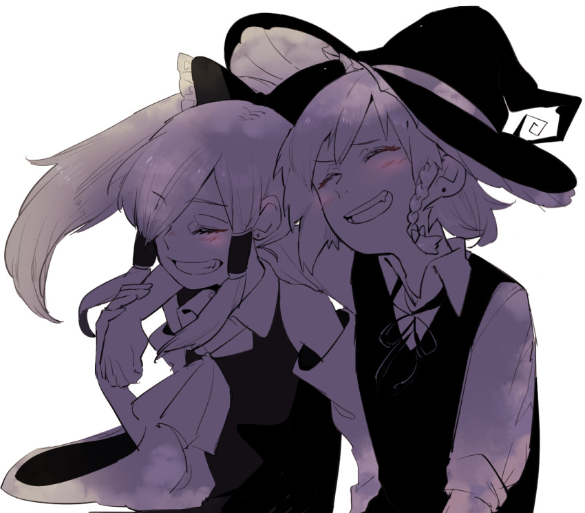 2girls arm_around_neck ascot blush bow braid closed_eyes collared_shirt detached_sleeves earrings eyebrows_visible_through_hair female frilled_hat frills grin hair_bow hair_over_one_eye hair_ribbon hair_tubes hakurei_reimu hat jewelry kirisame_marisa laughing monochrome multiple_girls namataro neck_ribbon one_eye_covered ponytail ribbon shirt side_braid simple_background single_braid smile spot_color stud_earrings touhou tress_ribbon upper_body vest white_background wide_sleeves witch_hat