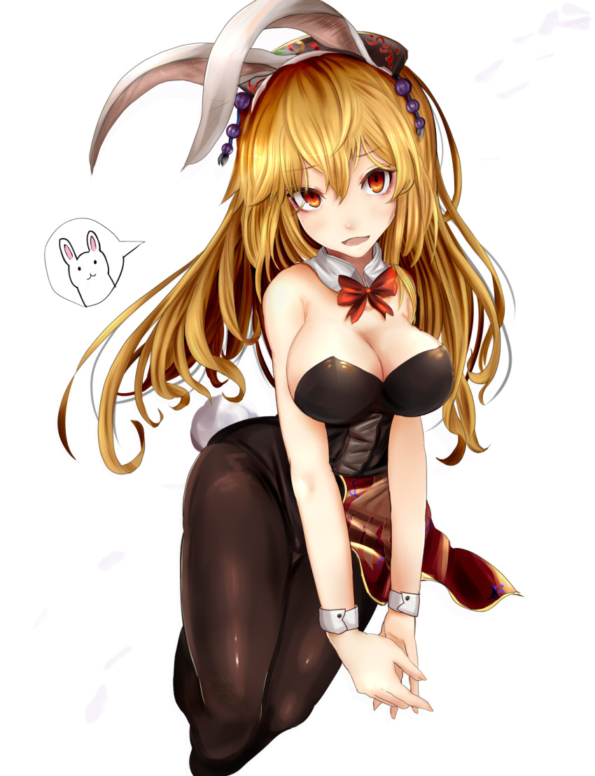 1girl animal_ears bare_shoulders black_legwear blonde_hair bow bowtie breasts bunnysuit cleavage detached_collar fake_animal_ears highres houdukixx junko_(touhou) large_breasts long_hair looking_at_viewer orange_eyes pantyhose rabbit_ears red_bow red_bowtie simple_background solo tassel touhou white_background wrist_cuffs