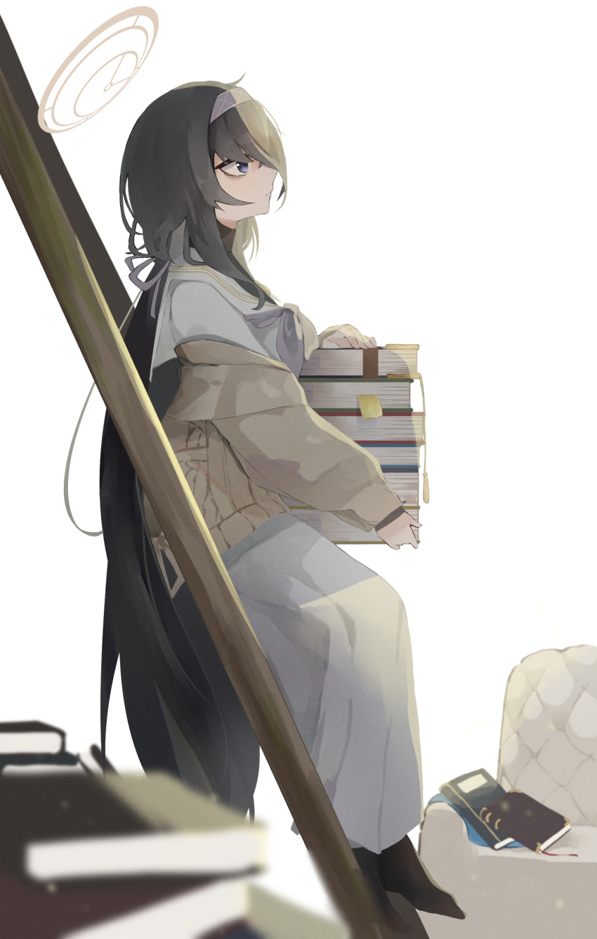 1girl absurdres azisai bags_under_eyes bangs black_hair blue_archive blue_eyes blue_neckerchief blurry blurry_foreground book cardigan closed_mouth couch from_behind full_body hairband halo highres holding holding_book ladder long_hair long_sleeves neckerchief no_shoes official_art profile sailor_collar shirt sitting skirt solo turtleneck ui_(blue_archive) very_long_hair white_background white_shirt white_skirt