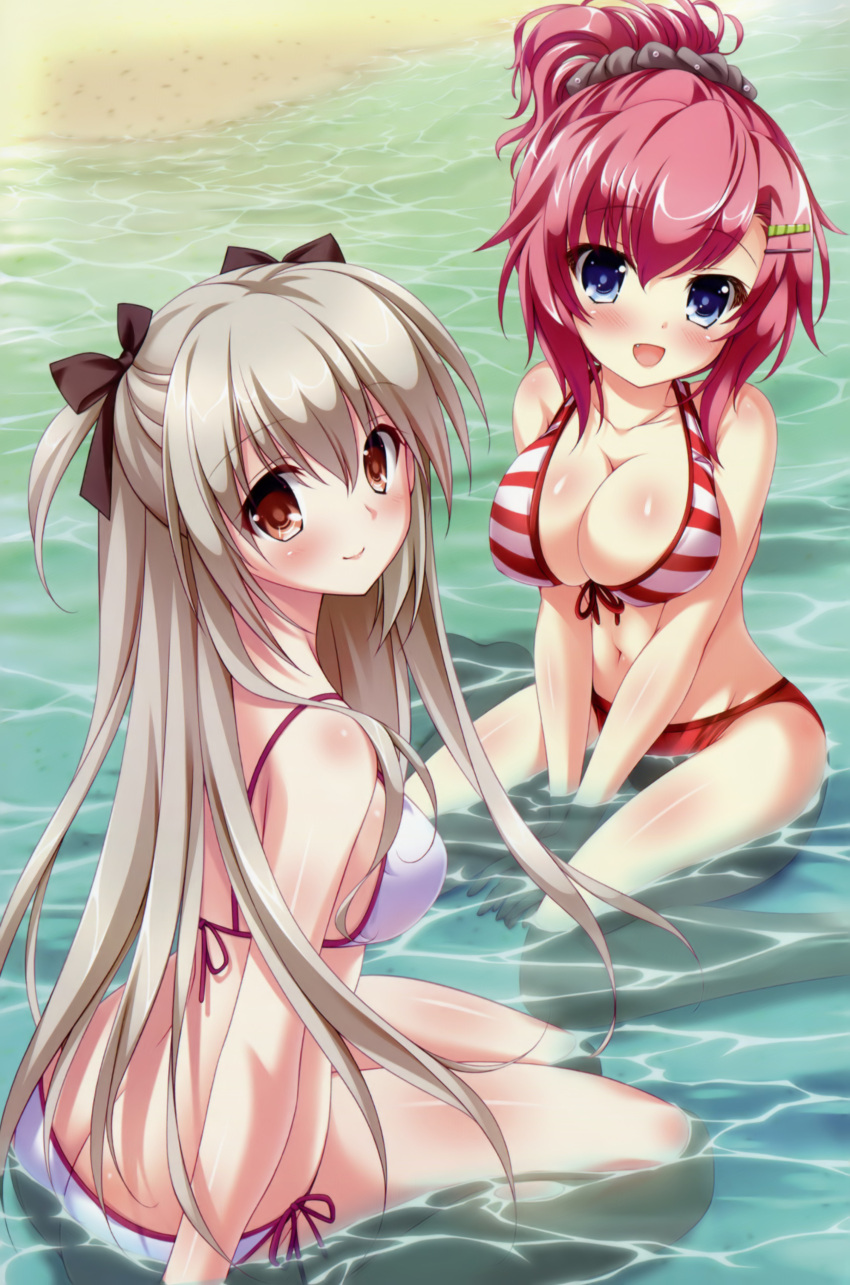 2girls absurdres arm_at_side arm_support arms_between_legs ass bangs bare_shoulders beach bikini blue_eyes blush breast_press breasts brown_eyes brown_hair brown_ribbon butt_crack cleavage closed_mouth collarbone day eyebrows_visible_through_hair fang front-tie_bikini front-tie_top fureraba hair_between_eyes hair_ornament hair_ribbon hair_scrunchie hairclip highres hiiragi_yuzuyu hinata_momo large_breasts long_hair looking_at_viewer medium_breasts midriff mochizuki_rina multiple_girls navel open_mouth partially_submerged pink_hair ponytail ribbon scan scrunchie short_hair side-tie_bikini sidelocks sitting smile string_bikini striped striped_bikini swimsuit very_long_hair wariza water white_bikini