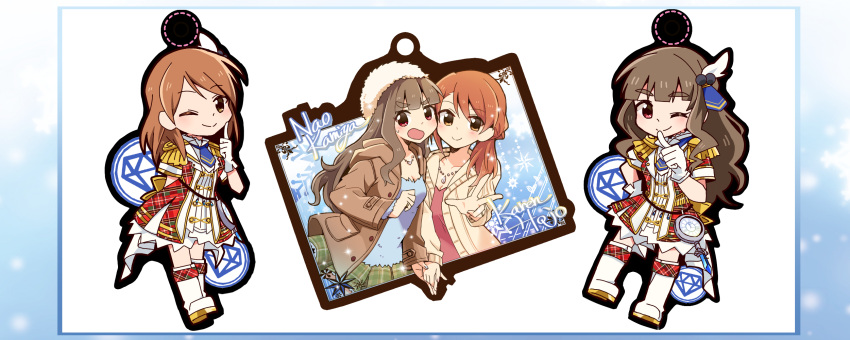 2girls bangs blunt_bangs blush blush_stickers brown_eyes brown_hair brown_jacket character_name chibi commentary_request epaulettes feathers gloves hair_feathers hand_holding highres houjou_karen idolmaster idolmaster_cinderella_girls idolmaster_cinderella_girls_starlight_stage iwashi_(ankh) jewelry kamiya_nao long_hair long_sleeves looking_at_viewer multiple_girls necklace open_mouth smile white_gloves