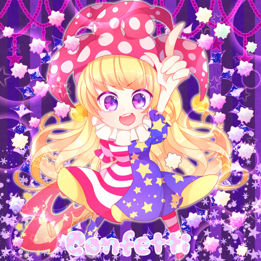 &gt;:d 1girl :d absurdres american_flag american_flag_dress american_flag_legwear blonde_hair candy chibi clownpiece english fairy food full_body halloween hat highres jester_cap konpeitou long_hair looking_at_viewer neck_ruff no_wings open_mouth pantyhose pointing pointing_up polka_dot print_legwear puffy_short_sleeves puffy_sleeves short_sleeves smile solo star star_print starry_background teeth torch touhou very_long_hair violet_eyes yata