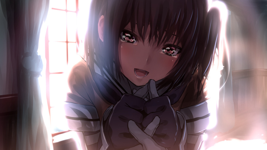 1boy 1girl :d admiral_(kantai_collection) black_gloves brown_eyes brown_hair elbow_gloves gloves hand_holding highres kantai_collection light looking_at_viewer open_mouth pov school_uniform sendai_(kantai_collection) serafuku shade smile tears tooi_aoiro two_side_up window