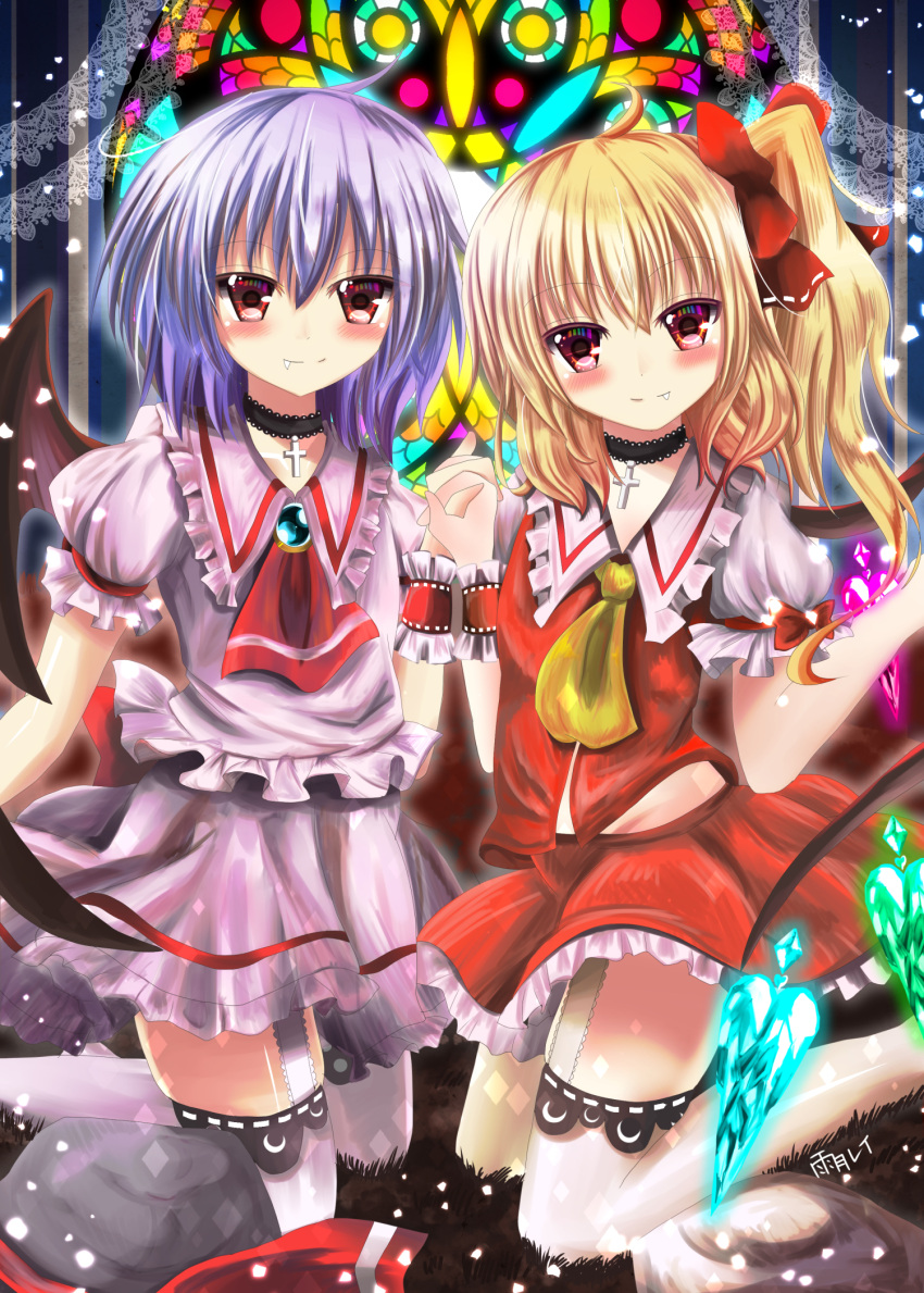 2girls ahoge artist_name bat_wings blonde_hair blush brooch choker cravat cross cross_necklace fang fang_out flandre_scarlet garter_straps hair_ribbon hand_holding head_tilt highres interlocked_fingers jewelry kneeling lavender_hair looking_at_viewer mofumofushirokitsune multiple_girls necklace no_hat no_headwear puffy_short_sleeves puffy_sleeves remilia_scarlet ribbon short_hair short_sleeves siblings side_ponytail sisters skirt skirt_set smile stained_glass thigh-highs touhou wings wrist_cuffs