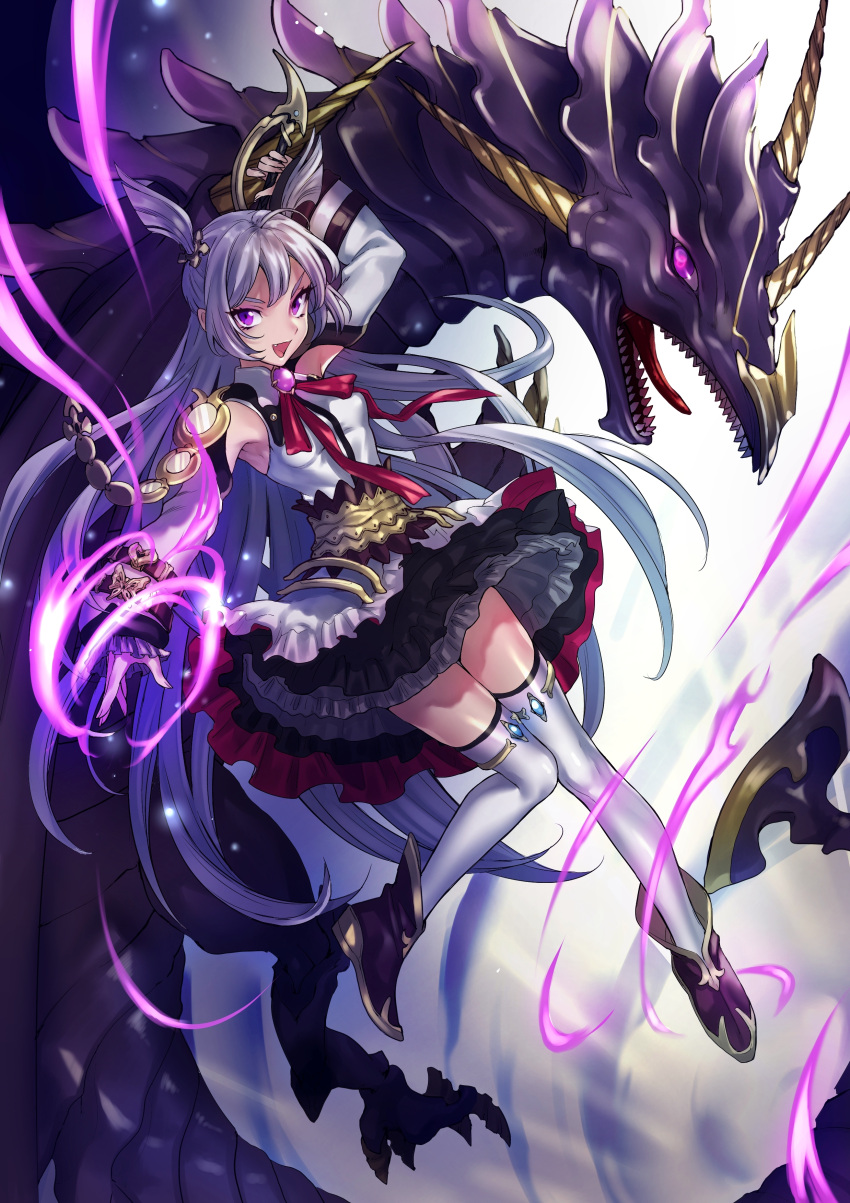 1girl absurdres arm_up black_skirt boots detached_sleeves dragon fang full_body highres holding holding_sword holding_weapon layered_skirt long_hair looking_at_viewer magic maruchi one_leg_raised open_mouth original outstretched_arm purple_boots shirt silver_hair skirt sleeveless sleeveless_shirt solo sword thigh-highs two_side_up very_long_hair violet_eyes weapon white_legwear zettai_ryouiki