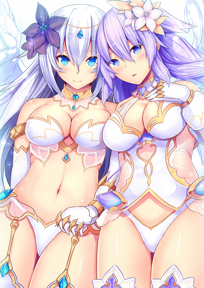 2girls black_heart blue_eyes blush breasts choujigen_game_neptune cleavage daiaru detached_collar detached_sleeves elbow_gloves four_goddesses_online:_cyber_dimension_neptune garter_straps gloves highres large_breasts long_hair looking_at_viewer multiple_girls navel neptune_(choujigen_game_neptune) neptune_(series) noire parted_lips purple_hair purple_heart smile thigh-highs