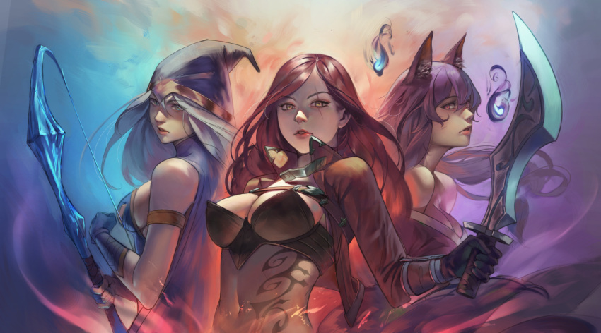 3girls ahri ashe_(league_of_legends) bare_shoulders black_hair blade blue_eyes bow_(weapon) breasts cleavage gloves katarina_du_couteau league_of_legends lips long_hair looking_at_viewer medium_breasts midriff multiple_girls navel red_eyes redhead scar sideboob since tattoo weapon white_hair yellow_eyes