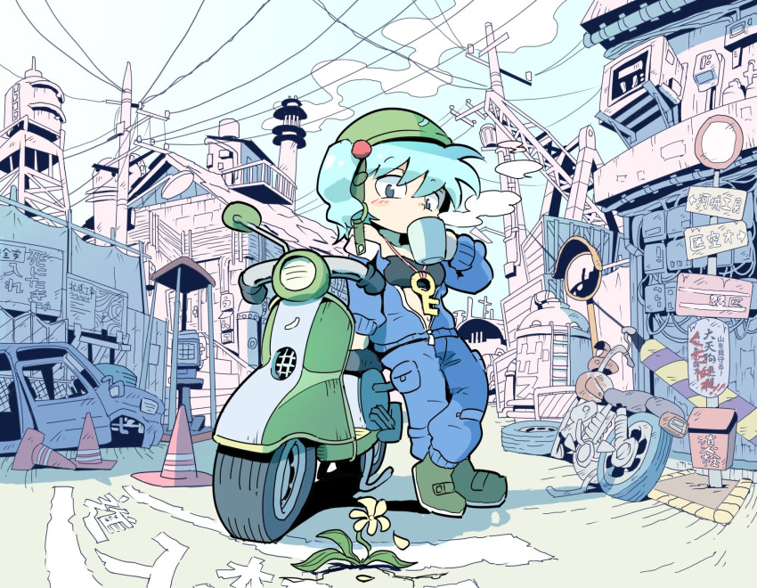 1girl arm_support blue_eyes blue_hair blue_jacket blue_pants boots cup daisy drinking eyebrows_visible_through_hair flower green_boots ground_vehicle hair_bobbles hair_ornament hat helmet highres jacket kawashiro_nitori key key_necklace legs_crossed long_sleeves matching_hair/eyes motor_vehicle moyazou_(kitaguni_moyashi_seizoujo) mug open_clothes open_jacket outdoors pants partially_colored petals phone plant pocket power_lines road_sign scooter sign sky smokestack solo strapless tied_hair touhou traffic_cone traffic_mirror tubetop twintails unzipped wheel white_flower zipper zipper_pull_tab