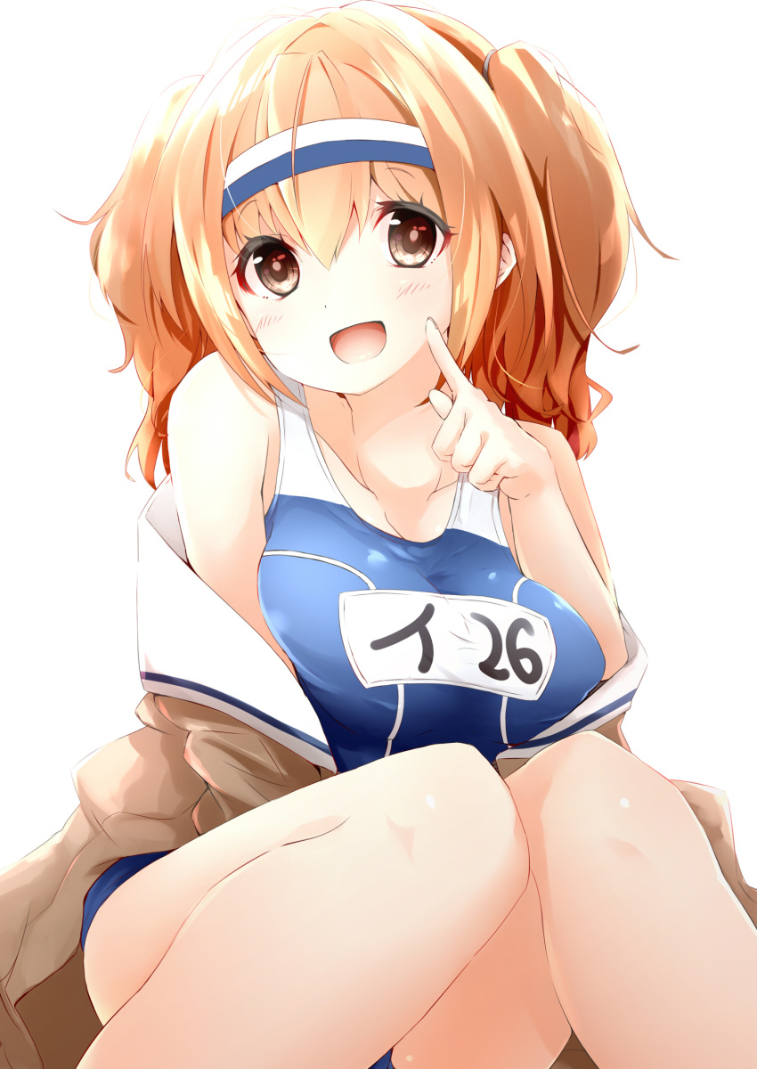 :d breasts finger_to_mouth hairband highres i-26_(kantai_collection) kantai_collection knees_together_feet_apart large_breasts light_brown_eyes light_brown_hair long_hair looking_at_viewer new_school_swimsuit off_shoulder open_mouth sailor_collar shiso_azuki short_sleeves sitting smile two-tone_hairband two_side_up white_background