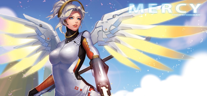 1girl armor artist_name black_gloves blonde_hair blue_eyes blue_sky bodysuit breastplate breasts character_name chocolazy clouds cloudy_sky day eyelashes eyeliner gloves glowing glowing_wings gun handgun headgear high_collar holding holding_gun holding_staff holding_weapon lips lipstick long_hair long_sleeves looking_away makeup mechanical_halo mechanical_wings medium_breasts mercy_(overwatch) nose overwatch pink_lips pink_lipstick pistol ponytail skin_tight sky smile solo spread_wings staff swiss_flag teeth turtleneck upper_body weapon wings yellow_wings