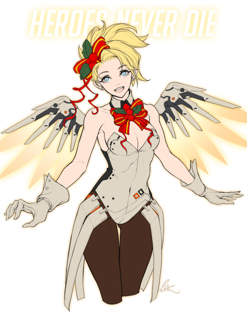 1girl :d adapted_costume bare_shoulders blonde_hair blue_eyes bow bowtie breasts brown_legwear christmas cleavage covered_navel cowboy_shot detached_collar earrings elbow_gloves faulds gloves glowing glowing_wings gluteal_fold highres jewelry leotard looking_at_viewer mechanical_wings medium_breasts mercy_(overwatch) nessie_(ni__t) open_mouth outstretched_arms overwatch pantyhose ponytail signature smile solo spread_wings strapless strapless_leotard stud_earrings swiss_flag teeth thigh_gap transparent_background white_gloves white_leotard wings yellow_wings