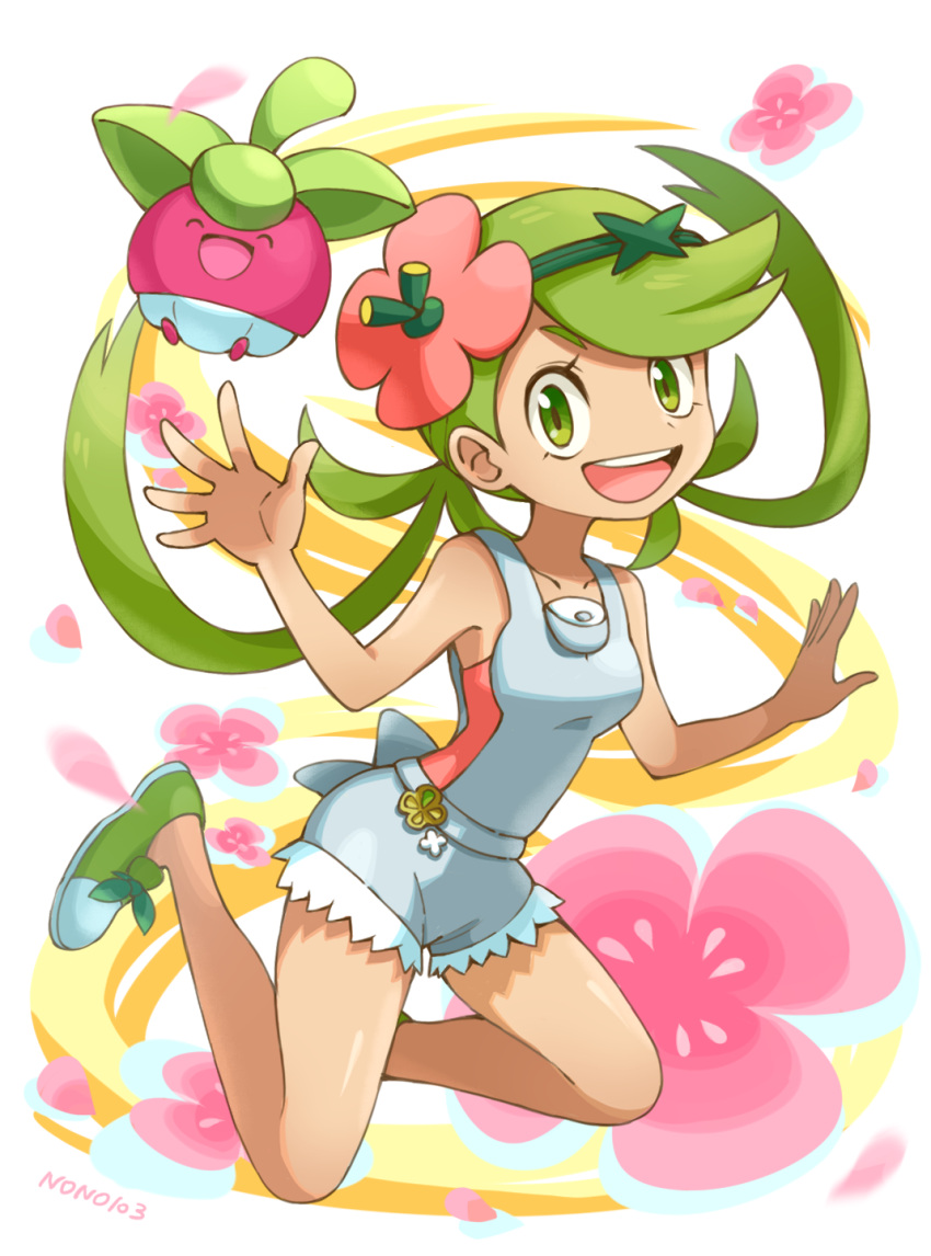 1girl :d ^_^ bare_arms bare_shoulders bounsweet breasts closed_eyes collarbone flower full_body green_eyes green_hair green_shoes hair_flower hair_ornament headband highres long_hair looking_at_viewer mallow_(pokemon) nono_(norabi) open_mouth overalls petals pokemon pokemon_(creature) pokemon_(game) pokemon_sm shoes shorts simple_background small_breasts smile solo teeth tongue trial_captain twintails white_background