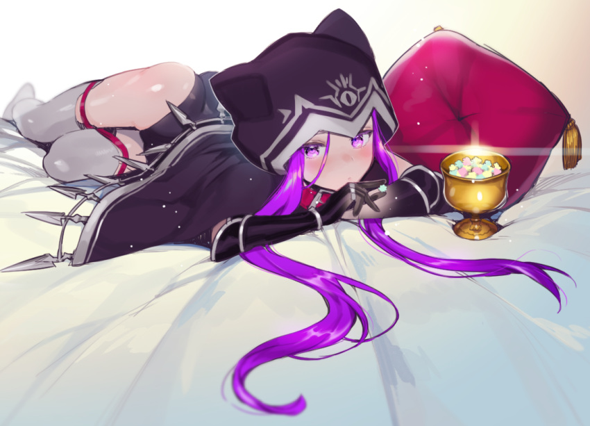 1girl animal_hood bed candy cape cat_hood child collar dog_collar fate/grand_order fate_(series) food gloves goblet hood leotard long_hair looking_at_viewer lying medusa_(lancer)_(fate) nito_(siccarol) on_stomach pillow purple_hair rider solo very_long_hair violet_eyes