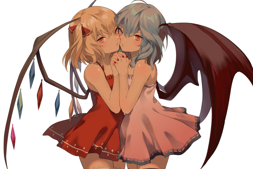 2girls bangs bare_shoulders bat_wings blonde_hair blue_hair bow cheek-to-cheek chestnut_mouth collarbone dress eredhen face-to-face fingernails flandre_scarlet hair_between_eyes hair_bow hand_holding hands_together highres incest incipient_kiss interlocked_fingers jpeg_artifacts lavender_dress looking_at_viewer multiple_girls nail_polish parted_lips red_bow red_dress red_eyes red_nails remilia_scarlet short_dress short_hair siblings side_ponytail simple_background sisters sleeveless sleeveless_dress thigh-highs touhou white_background wings yuri
