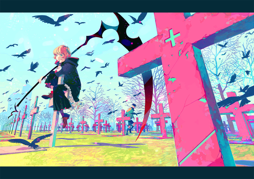 1boy 1girl akiakane androgynous bangs bare_tree baseball_cap bird black_hat black_jacket black_scarf black_shorts blonde_hair blue_sky bracelet brown_shoes building cityscape closed_mouth clouds coat cross crow day expressionless flying glasses grass graveyard green_eyes green_jacket hand_on_own_cheek hat head_rest holding holding_weapon hood hood_down jacket jewelry knee_up kneehighs landscape letterboxed long_sleeves looking_at_viewer looking_to_the_side original perspective pink red_legwear robe scarf scythe shadow shoes short_hair shorts sitting sky skyscraper socks tombstone tree weapon wristband