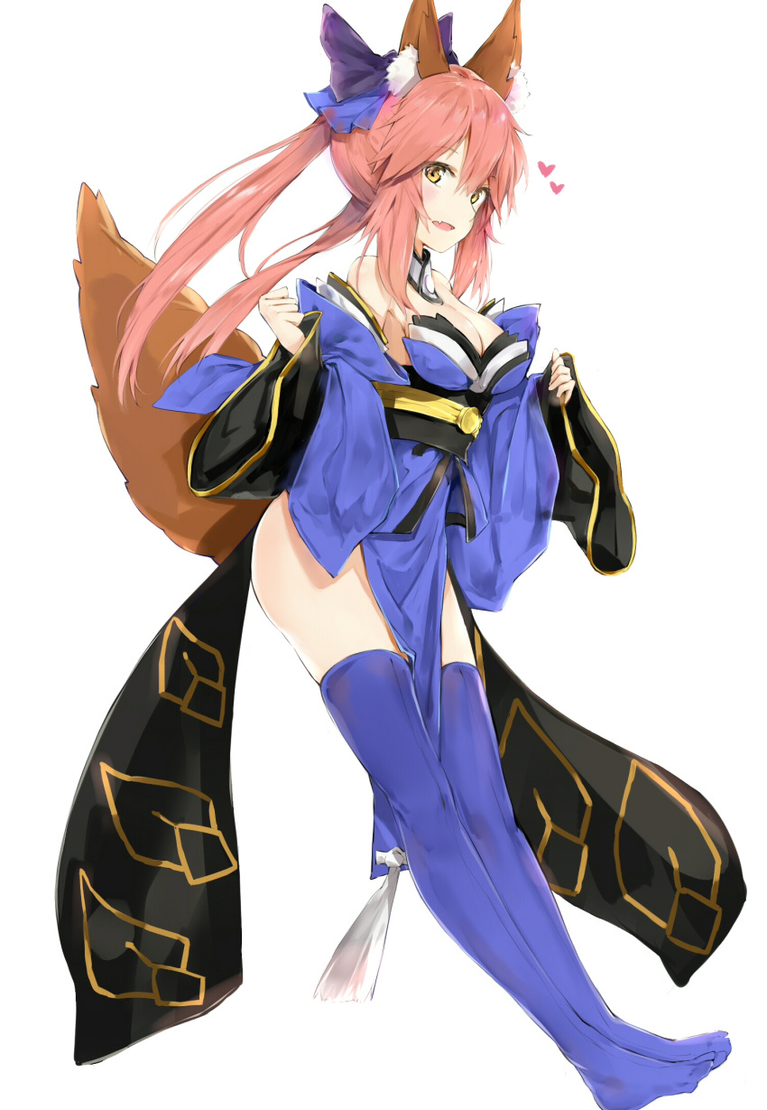 1girl :d animal_ears bad_id bad_pixiv_id bare_shoulders blue_legwear bow breasts cleavage detached_collar detached_sleeves fang fate/extra fate/grand_order fate_(series) fox_ears fox_tail full_body hair_between_eyes hair_bow heart highres loincloth long_hair long_sleeves looking_at_viewer medium_breasts no_shoes open_mouth purple_bow sash silver_(chenwen) simple_background smile solo standing tail tamamo_(fate)_(all) tamamo_no_mae_(fate) thigh-highs thighs underbust white_background wide_sleeves