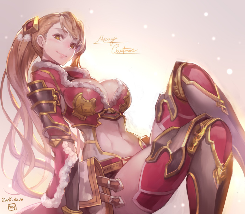 1girl alternate_costume armor beatrix_(granblue_fantasy) breasts brown_eyes brown_hair cleavage fur_trim granblue_fantasy highres kakage_(kakage0904) large_breasts long_hair looking_at_viewer merry_christmas navel ponytail sitting smile solo thigh-highs