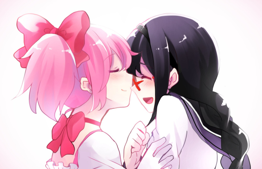 2girls akemi_homura arm_grab artist_request bangs black_hair black_hairband blush bow braid clenched_hand closed_eyes couple dress female glasses hair_ornament hair_ribbon hairband highres incipient_kiss kaname_madoka laughing magical_girl mahou_shoujo_madoka_magica multiple_girls mutual_yuri neck open_mouth pink_hair red-framed_glasses red_choker red_ribbon ribbon ribbon_choker school_uniform shiny shiny_hair short_hair short_twintails smile twintails upper_body yuri