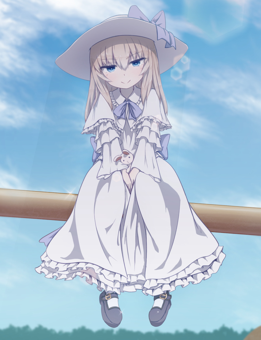 1girl bangs black_shoes blue_bow blue_eyes blue_ribbon bow closed_mouth clouds cloudy_sky dress giorgio_claes girls_und_panzer hat hat_bow highres itsumi_erika large_bow layered_dress lens_flare long_dress long_hair looking_at_viewer mary_janes petticoat playground ribbon shoes silver_hair sitting sky smile socks solo stuffed_animal stuffed_bunny stuffed_toy sun_hat v_arms white_dress white_hat white_legwear younger