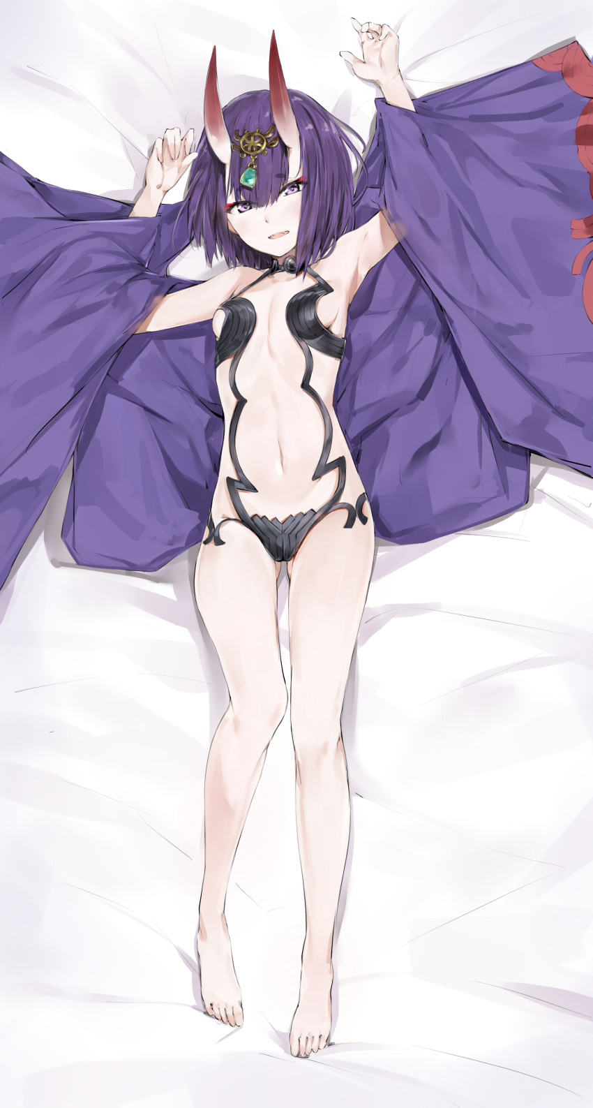 1girl :d absurdres armpits arms_up bangs bare_legs bare_shoulders barefoot bed_sheet blush breasts collarbone dakimakura eyebrows_visible_through_hair eyeshadow fangs fate/grand_order fate_(series) from_above full_body headpiece highres horns long_sleeves looking_at_viewer looking_up lying makeup navel on_back oni open_mouth purple_hair revealing_clothes short_hair shuten_douji_(fate/grand_order) sideboob silver_(chenwen) small_breasts smile stomach teeth wide_sleeves
