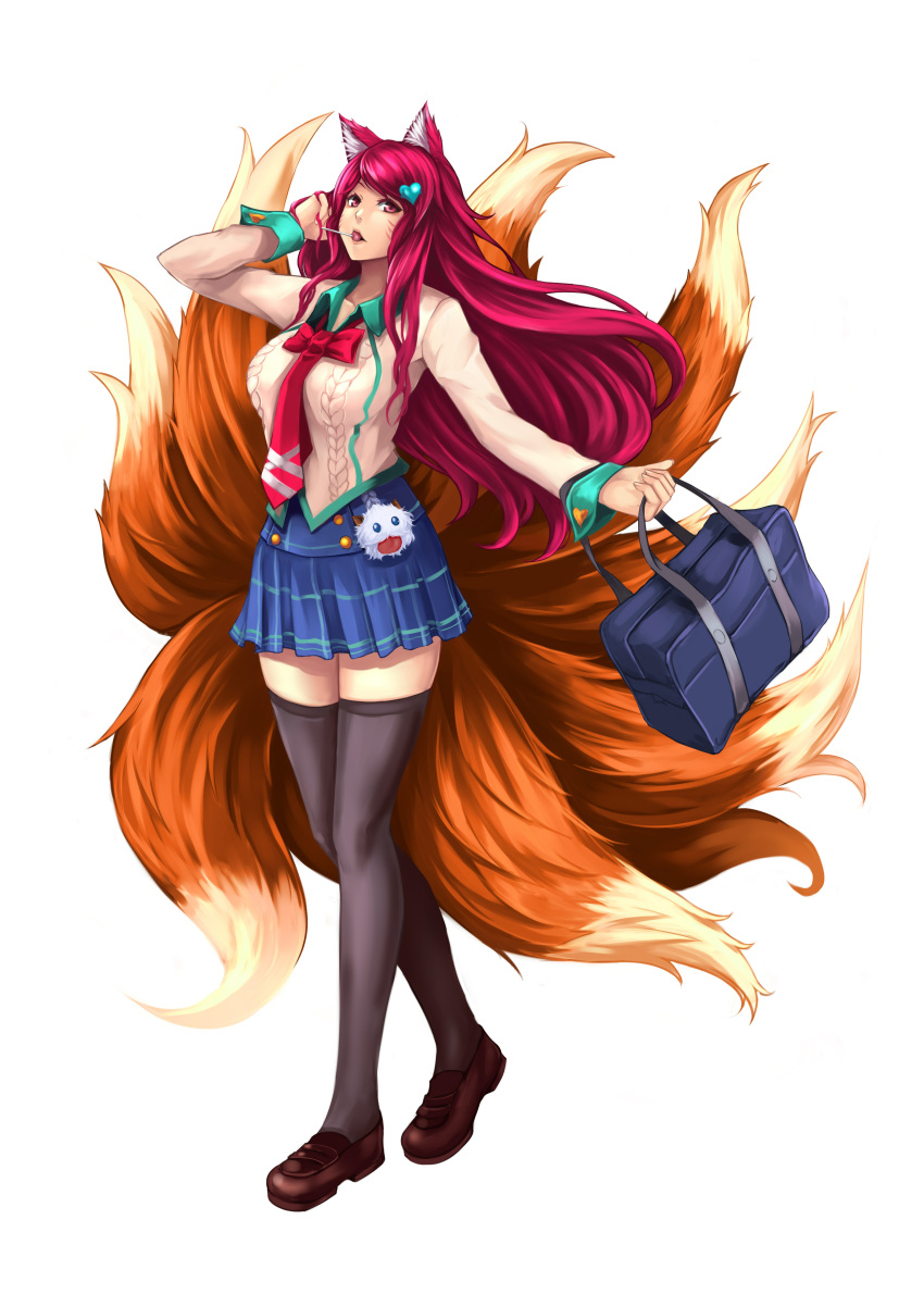1girl absurdres academy_ahri ahri alternate_costume animal_ears breasts brown_legwear candy facial_mark food fox_ears fox_tail heart highres league_of_legends lollipop looking_at_viewer medium_breasts mouth_hold plaid plaid_skirt red_eyes redhead school_uniform shoes simple_background skirt solo tail thigh-highs thighs white_background yashichii