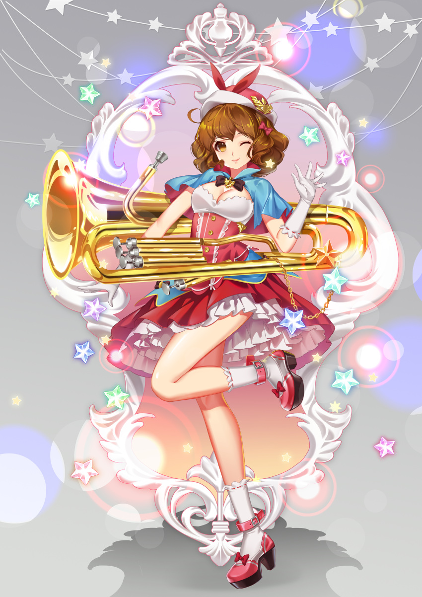 1girl absurdres belt breasts brown_eyes brown_hair capelet cleavage dress gloves hat hibike!_euphonium high_heels highres holding_instrument lace lace-trimmed_gloves lace-trimmed_socks layered_dress littleamber looking_at_viewer medium_breasts one_eye_closed one_leg_raised oumae_kumiko pink_shoes shoes short_hair smile socks solo star white_gloves white_legwear