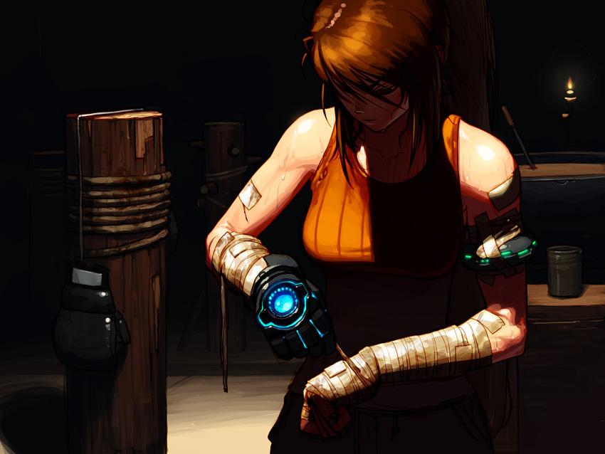 1girl armlet bandage bandaged_hands bandaid bandaid_on_shoulder bare_shoulders black_gloves boxing_gloves brawler_(dungeon_and_fighter) breasts brown_eyes brown_hair candle clenched_hand collarbone crop_top dungeon_and_fighter fighter_(dungeon_and_fighter) gloves hair_between_eyes hair_ornament hairclip highres jung_wook_choi long_hair medium_breasts midriff ponytail power_fist scar shirt sidelocks solo sweat taut_clothes taut_shirt upper_body