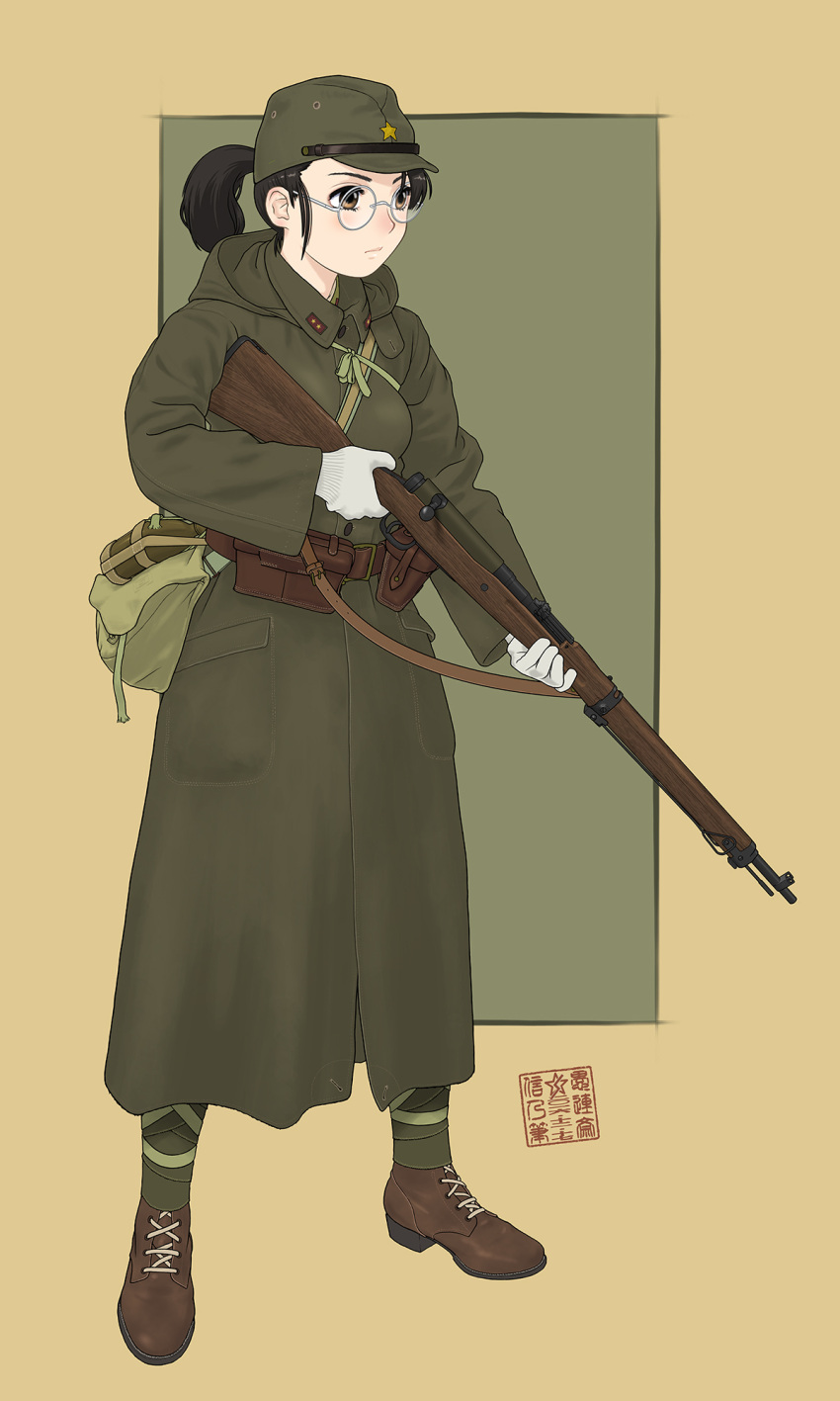 1girl ammunition_pouch ankle_boots ankle_wraps arisaka bag belt black_hair bolt_action boots brown_eyes canteen glasses gloves gun hat highres imperial_japanese_army military military_uniform original ponytail rifle satchel sino_(mechanized_gallery) soldier solo trench_coat uniform weapon white_gloves winter_clothes world_war_ii